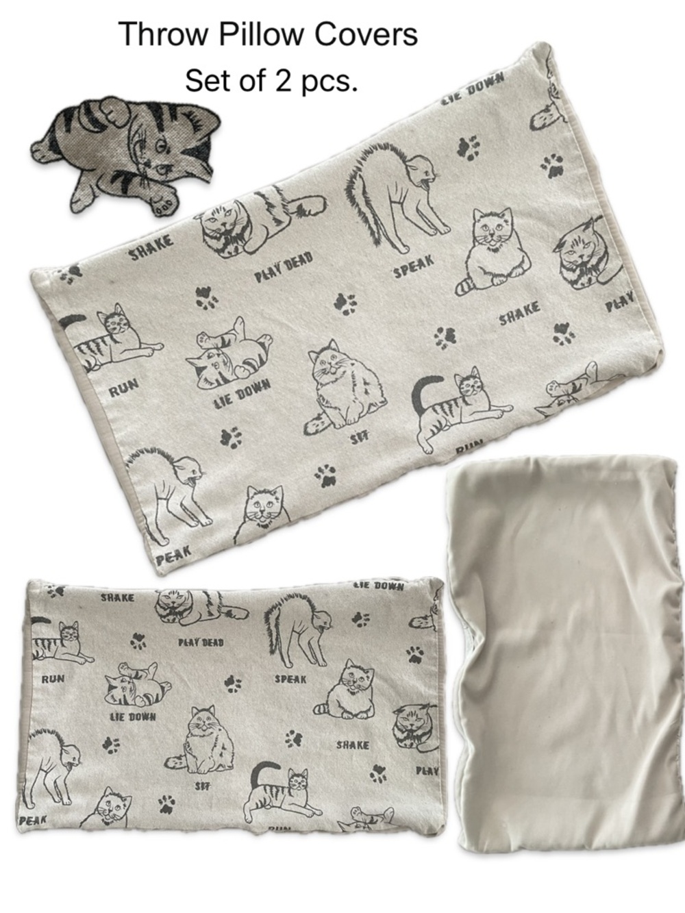 Black Cat Line Art Throw Pillow Covers Neutral Beige Lumbar 19x11.75 Set of 2